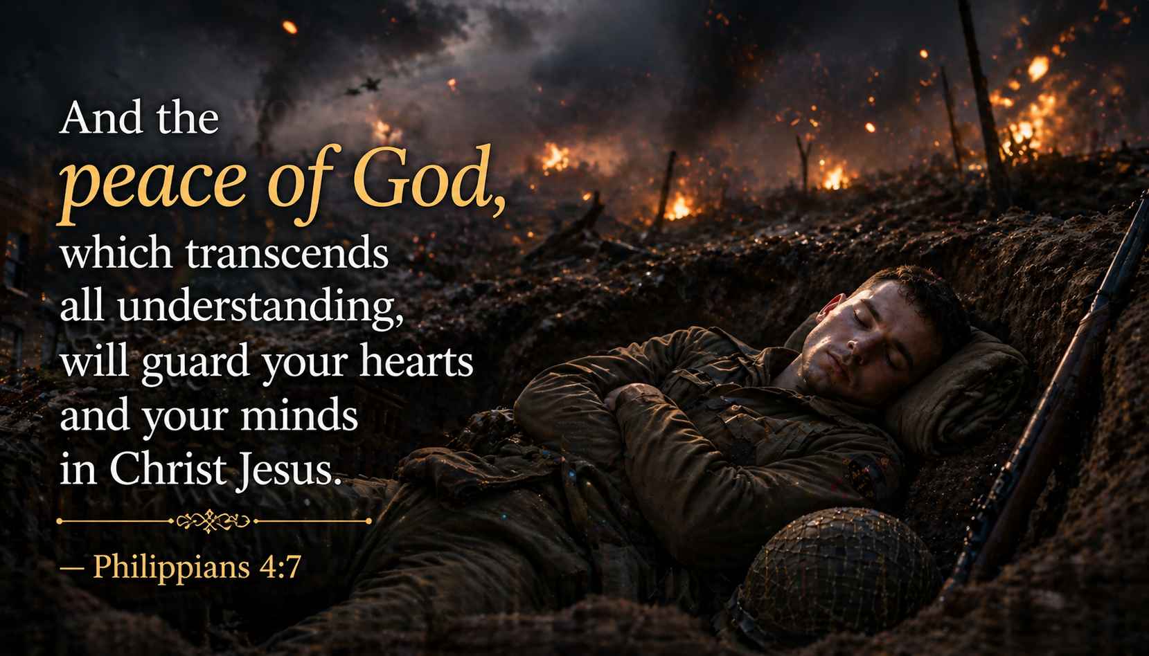 Bible verse wallpaper Philippians 4:7 showing soldier sleeping peacefully in foxhole during battle